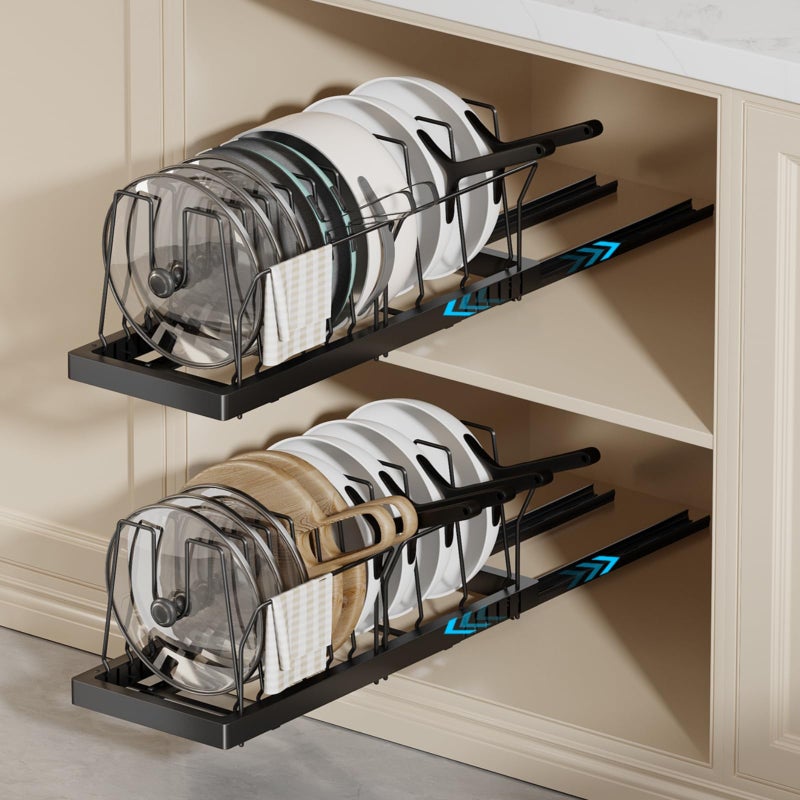 Magheo 2 Pack Pots and Pans Organizer Under Cabinet, 22" Deep Expandable Pull Out Pot Lid Organizer and Storage with 10 Adjustable Dividers No Drill Pot and Pan Holder Rack with Handle Bracket(Black) - Image 1