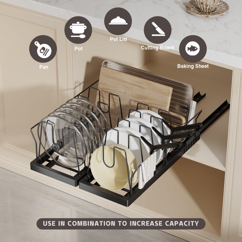 Magheo 2 Pack Pots and Pans Organizer Under Cabinet, 22" Deep Expandable Pull Out Pot Lid Organizer and Storage with 10 Adjustable Dividers No Drill Pot and Pan Holder Rack with Handle Bracket(Black) - Image 2