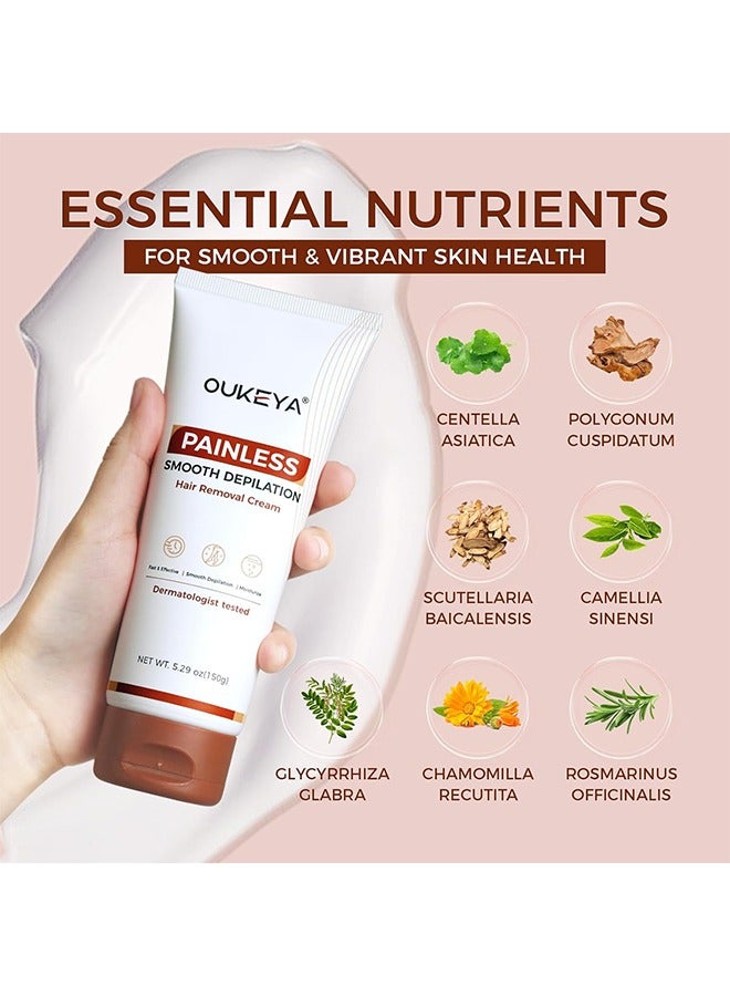 OUKEYA Hair Removal Cream,for Women Men Sensitive Skin, Natural Extracts Depilatory Cream for Bikini Line Legs Arms, Underarms , Dermatologically Tested Painless Hair Remove Gel  150g - Image 3