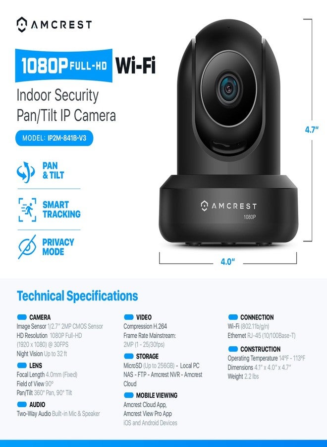 Amcrest ProHD 1080P WiFi 2MP (1920TVL) Indoor Pan/Tilt Security Wireless IP Camera IP2M-841B (Black) - Image 2