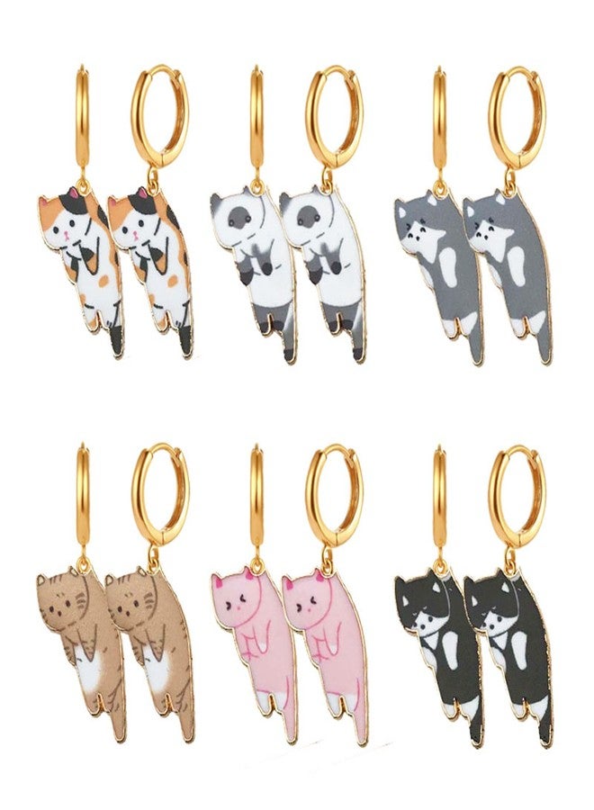 WCRAZYE Cat Hoop Earrings for Women Cute Enamel Kawaii Aesthetic Funny White Black Kitten Cat Daisy Flower Dangle Drop Animal Earrings Cats Lover Halloween Costume Jewelry Gift (Style 2) - Image 1