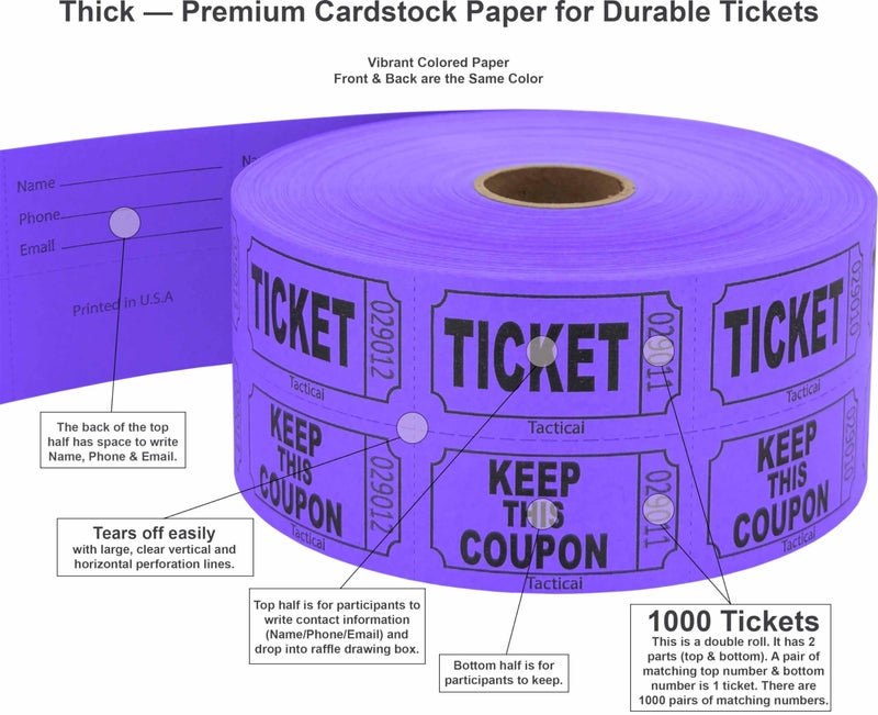 Tacticai 1000 Tacticai Raffle Tickets, Purple (1 of 8 Colors), Double Roll, Ticket for Events, Entry, Class Reward, Fundraiser & Prizes - Image 2
