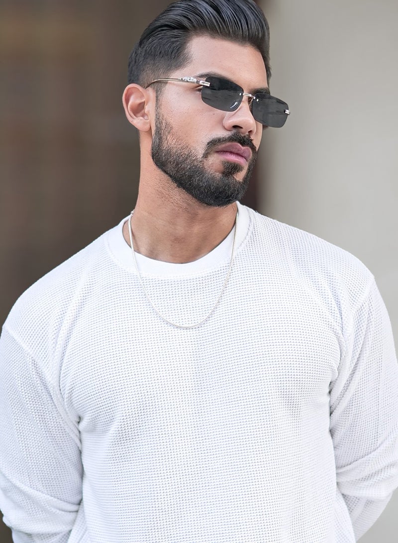 Maniac Mens Solid Textured Round Neck Full Sleeve White Cotton Sweatshirt - Image 1