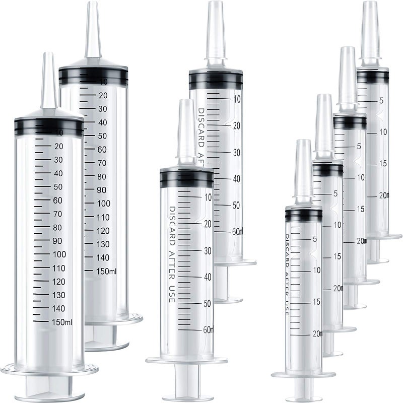 Nuanchu 8 Pieces Large Plastic Syringe Set Animals Syringes Liquid Measuring Syringe Tools for Dispensing Animals Feeding Watering and Multiple Uses 20ml 60ml150ml