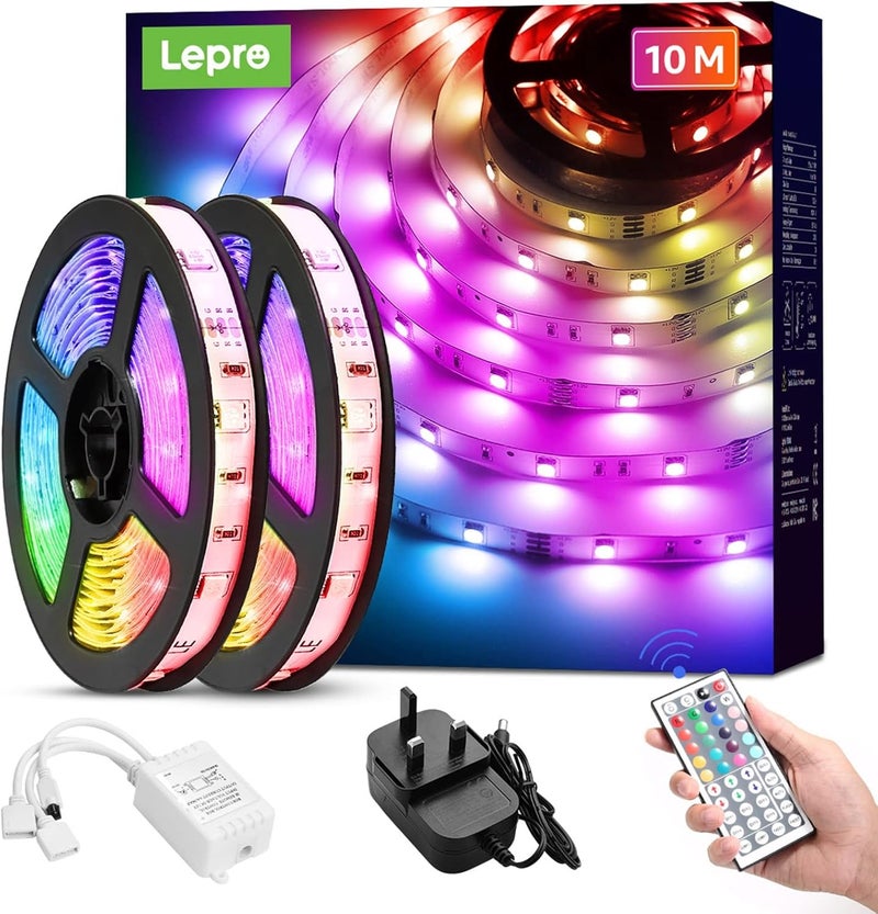 لايتنغ إيفر أضواء شريط LED من ليبرو بطول 10 أمتار مع جهاز تحكم عن بعد، قابلة للتعتيم، متغيرة الألوان RGB، أضواء LED لاصقة لغرفة النوم والمطبخ وديكور الغرفة (2 × 5 أمتار، 300 مصباح LED ساطع من نوع 5050) - Image 1