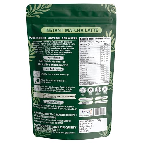 JAWAI MATCHA LATTE INSTANT PREMIX | 100 Grams | Japanese Matcha Green Tea Powder | UNSWEETENED, No Added Sugar | Antioxidant Rich, Keto & Vegan Friendly | Just Add Hot or Cold Water | 5 Sachets x 20G - Image 3