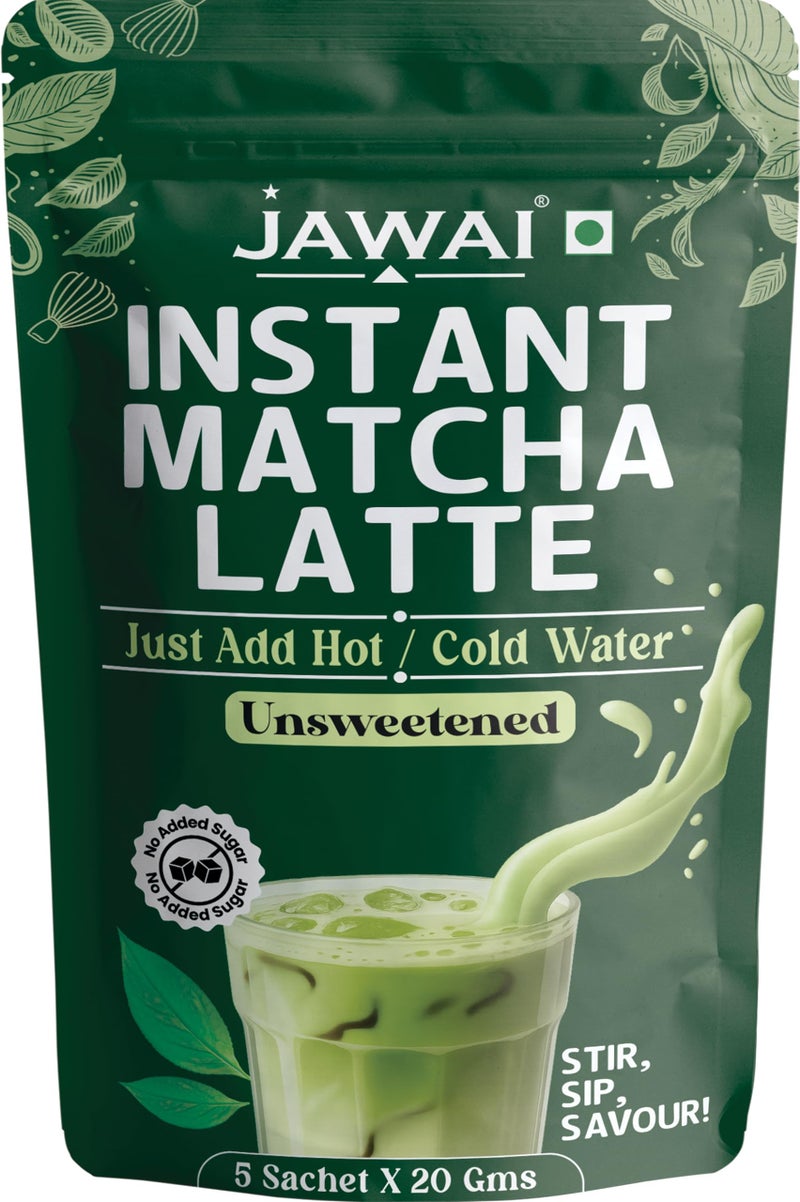 JAWAI MATCHA LATTE INSTANT PREMIX | 100 Grams | Japanese Matcha Green Tea Powder | UNSWEETENED, No Added Sugar | Antioxidant Rich, Keto & Vegan Friendly | Just Add Hot or Cold Water | 5 Sachets x 20G - Image 1