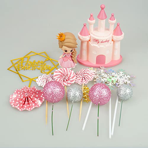 DRWATE 19PCS Princess Cake Topper Castle Cake Decoration for Girl with Snowflake and Stars for Girl Kid Happy Birthday Party Decorations Princess Baby Shower Supplies (Pink) - Image 3