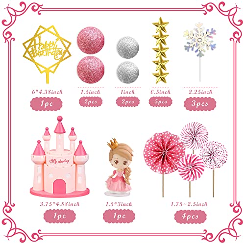 DRWATE 19PCS Princess Cake Topper Castle Cake Decoration for Girl with Snowflake and Stars for Girl Kid Happy Birthday Party Decorations Princess Baby Shower Supplies (Pink) - Image 2