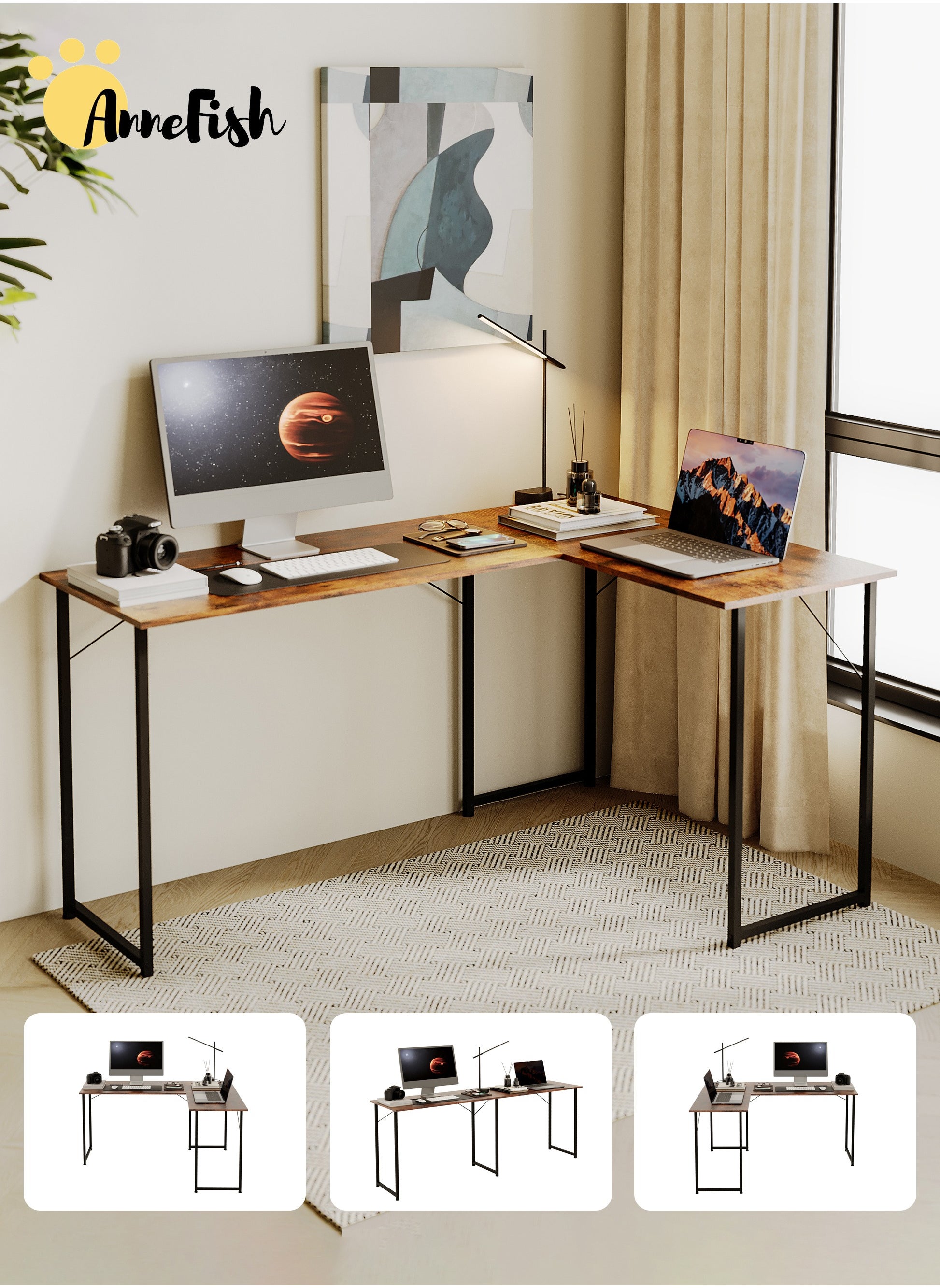 L Shaped Desk Multifunction Computer Long Desk Reversible Corner Desk for Home Office Large Craft Table L Shaped Gaming Workstation 