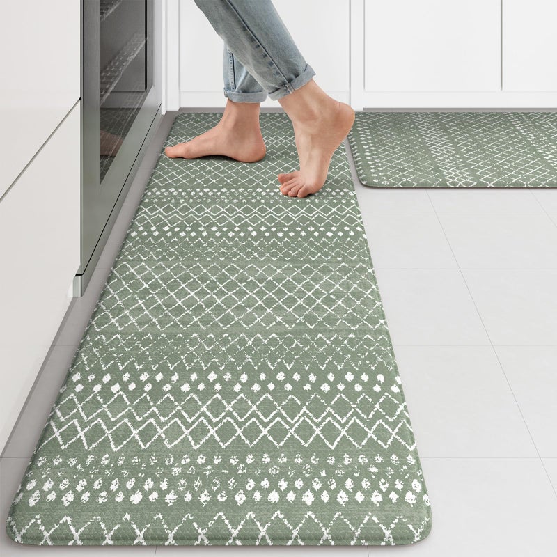 KIMODE Kitchen Mats for Floor Anti Fatigue Green Boho Kitchen Rugs Sets of 2 Cushioned Kitchen Floor Mats Comfort Standing Mat for Sink Laundry Office Desk 17x4717x29