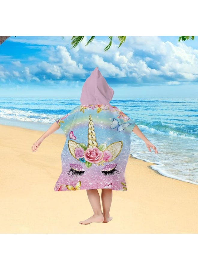 Gradient Pink Blue Glitter Rose Butterfly Unicorn Head Printed Unisex Kids Hooded Quick Dry Poncho Towel, Polyester Soft Water Absorbent Loose Windproof Bath Wrap for All Kids, Ideal for Beach, Swimming Pool, Hot Spring & Daily Shower - Image 1