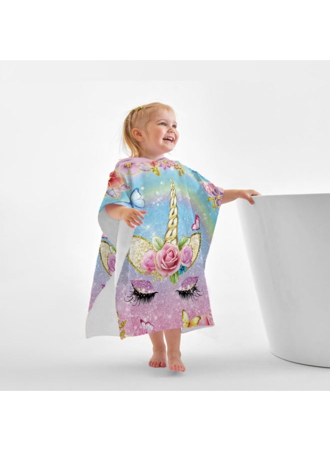 Gradient Pink Blue Glitter Rose Butterfly Unicorn Head Printed Unisex Kids Hooded Quick Dry Poncho Towel, Polyester Soft Water Absorbent Loose Windproof Bath Wrap for All Kids, Ideal for Beach, Swimming Pool, Hot Spring & Daily Shower - Image 5