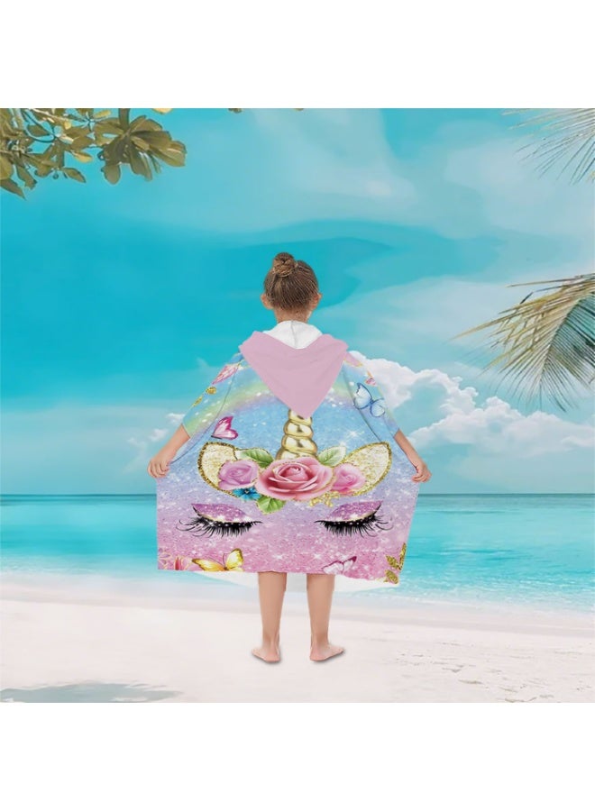 Gradient Pink Blue Glitter Rose Butterfly Unicorn Head Printed Unisex Kids Hooded Quick Dry Poncho Towel, Polyester Soft Water Absorbent Loose Windproof Bath Wrap for All Kids, Ideal for Beach, Swimming Pool, Hot Spring & Daily Shower - Image 3