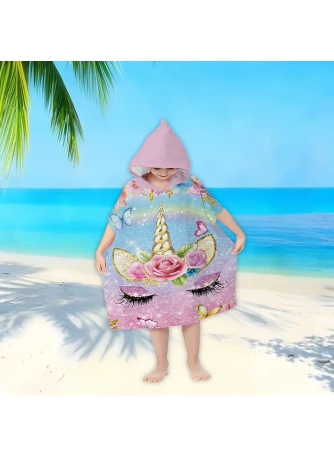Gradient Pink Blue Glitter Rose Butterfly Unicorn Head Printed Unisex Kids Hooded Quick Dry Poncho Towel, Polyester Soft Water Absorbent Loose Windproof Bath Wrap for All Kids, Ideal for Beach, Swimming Pool, Hot Spring & Daily Shower - Image 4