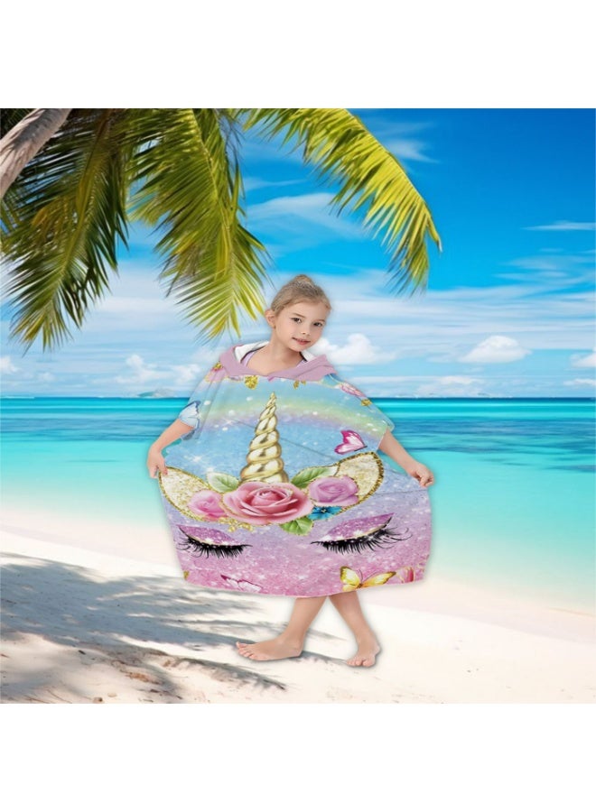 Gradient Pink Blue Glitter Rose Butterfly Unicorn Head Printed Unisex Kids Hooded Quick Dry Poncho Towel, Polyester Soft Water Absorbent Loose Windproof Bath Wrap for All Kids, Ideal for Beach, Swimming Pool, Hot Spring & Daily Shower - Image 2