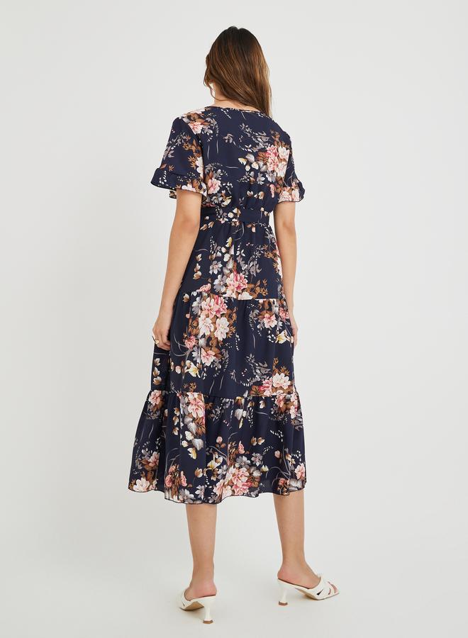 تايك تو فستان ميدي نسائي أزرق داكن بطبعة زهور وربطة خصر - Image 5