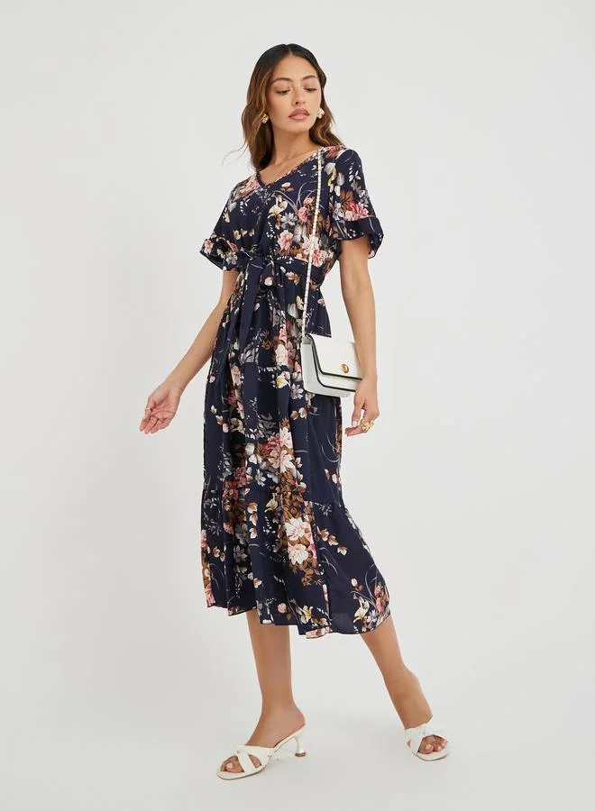 Take Two Take Two Women Navy Blue Floral Print Ruffle Trim A-Line Midi Dress with Tie Waist