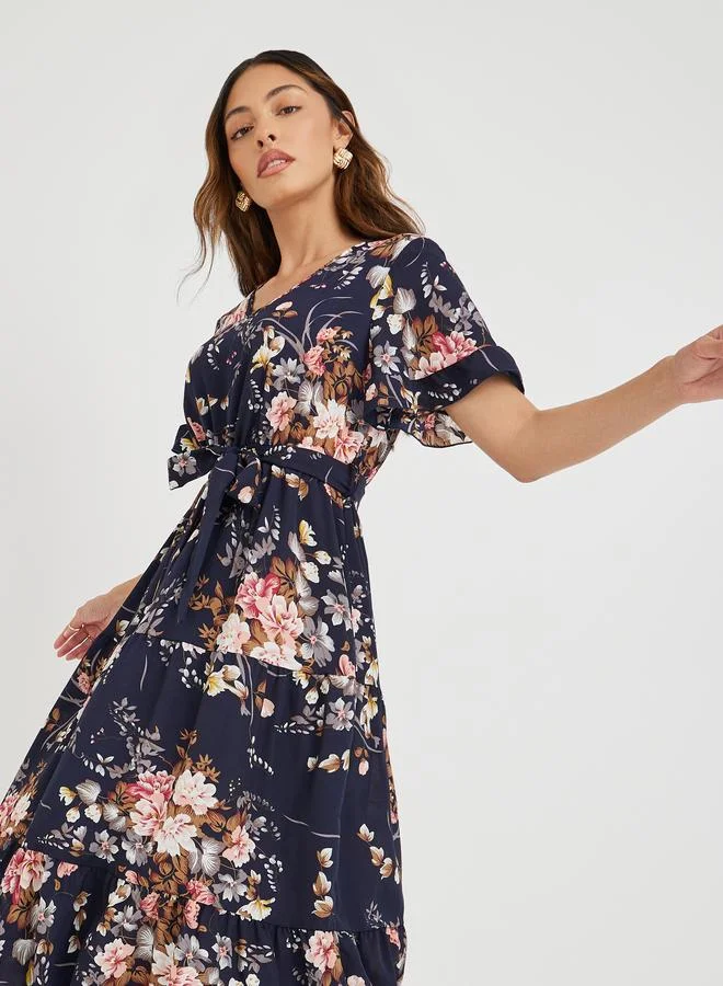 تايك تو Take Two Women Navy Blue Floral Print Ruffle Trim A-Line Midi Dress with Tie Waist