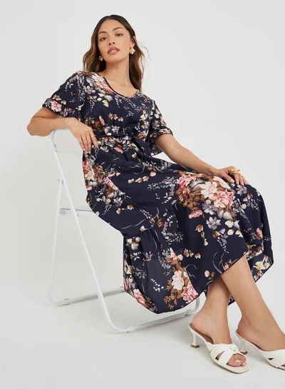 Take Two Take Two Women Navy Blue Floral Print Ruffle Trim A-Line Midi Dress with Tie Waist