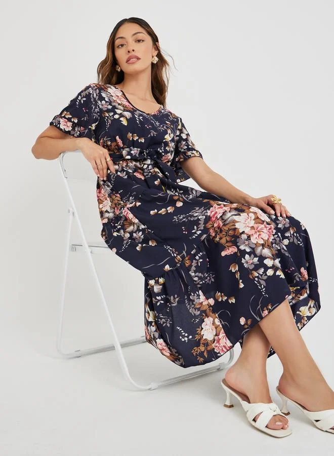Take Two Take Two Women Navy Blue Floral Print Ruffle Trim A-Line Midi Dress with Tie Waist