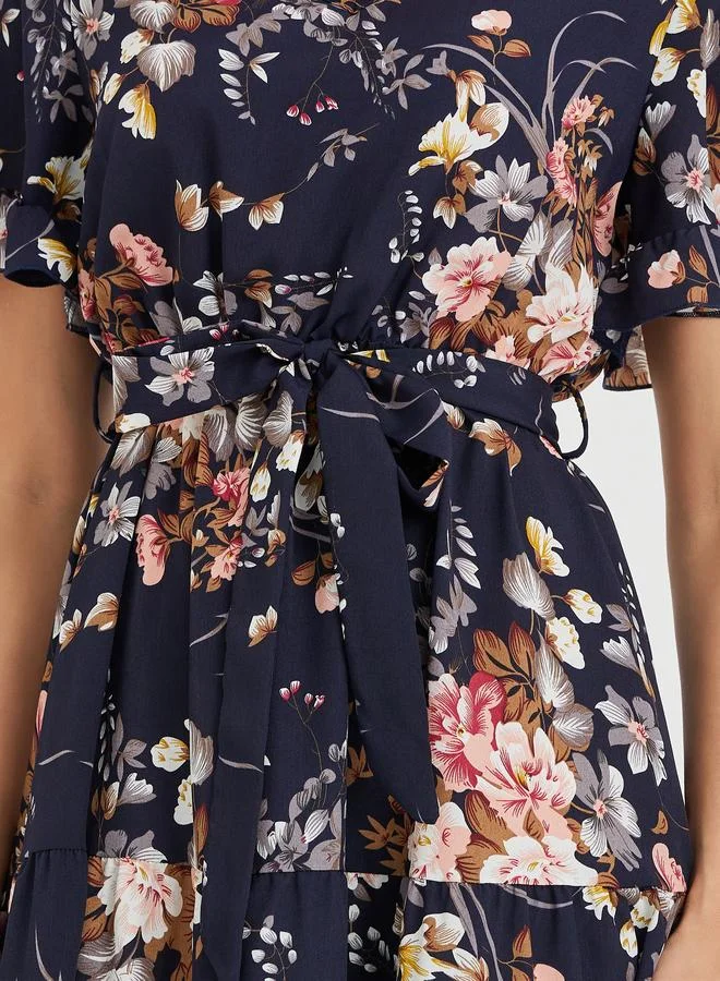 تايك تو Take Two Women Navy Blue Floral Print Ruffle Trim A-Line Midi Dress with Tie Waist