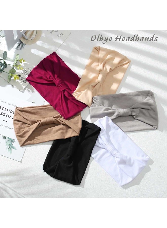 Olbye Wide Headbands Women Knotted Turban Headband Elastic Non Slip Hairbands Yoga Workout Head Wraps Running Sweatbands Boho Head Bands Fashion Hair Accessories for Women Pack of 6（Solid Color C）  - Image 2