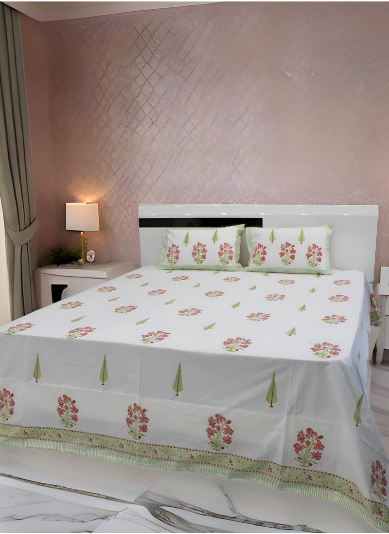 MARHABA CURTAIN 100% Cotton Jaipuri Handblock Print Double Bed Sheet with 2 Pillow Covers Premium Quality, Soft, Breathable (WHITE LILLY 15)  - Image 1