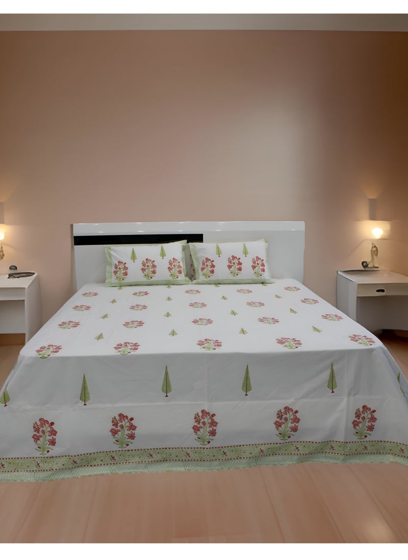 MARHABA CURTAIN 100% Cotton Jaipuri Handblock Print Double Bed Sheet with 2 Pillow Covers Premium Quality, Soft, Breathable (WHITE LILLY 15)  - Image 2