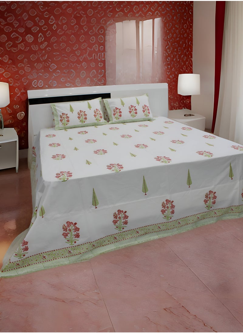 MARHABA CURTAIN 100% Cotton Jaipuri Handblock Print Double Bed Sheet with 2 Pillow Covers Premium Quality, Soft, Breathable (WHITE LILLY 15)  - Image 3