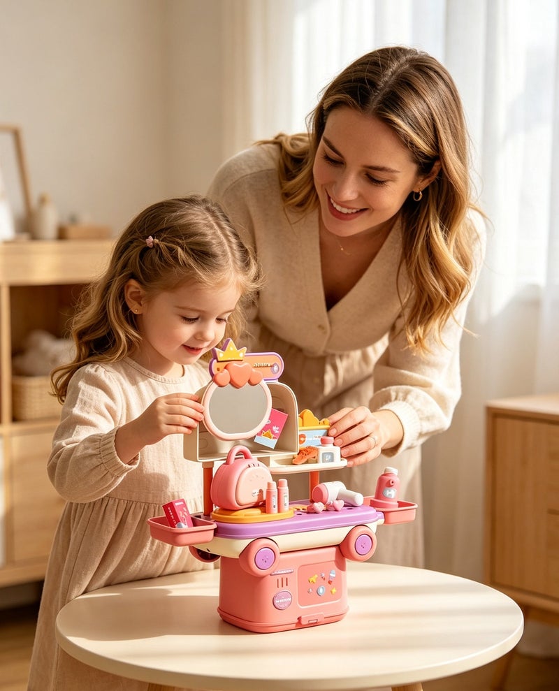 Makeup Pretend Toy Pretend Play Beauty Shop Play Set  Lightweight Compact Pretend Beauty Dresser Vanity Makeup Play Set For Girls Kids Role Play Beauty Play Mobile Makeup Vehicle Toddler Dress-up Table Toy Gift for 3+Years Old Girls - Image 3