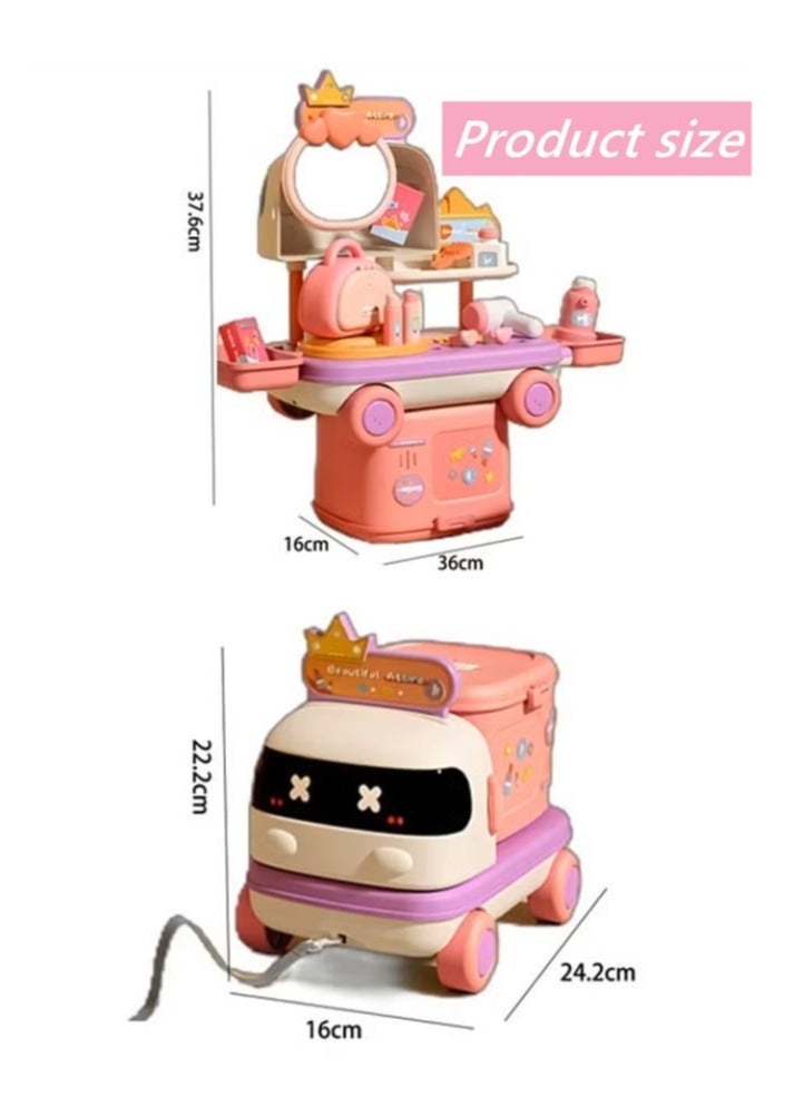 Makeup Pretend Toy Pretend Play Beauty Shop Play Set  Lightweight Compact Pretend Beauty Dresser Vanity Makeup Play Set For Girls Kids Role Play Beauty Play Mobile Makeup Vehicle Toddler Dress-up Table Toy Gift for 3+Years Old Girls - Image 2