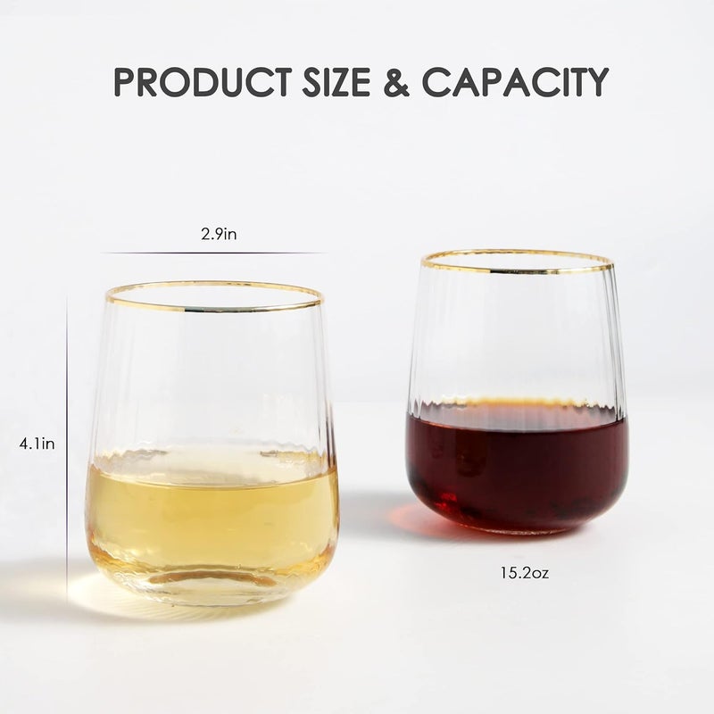 Lysenn Stemless Wine Glasses Set of 4 - Premium Hand Blown Drinking Glasses for White and Red Wine - Elegant Vertical Stripe and Gold Rim Design - Clear 15oz - Image 2