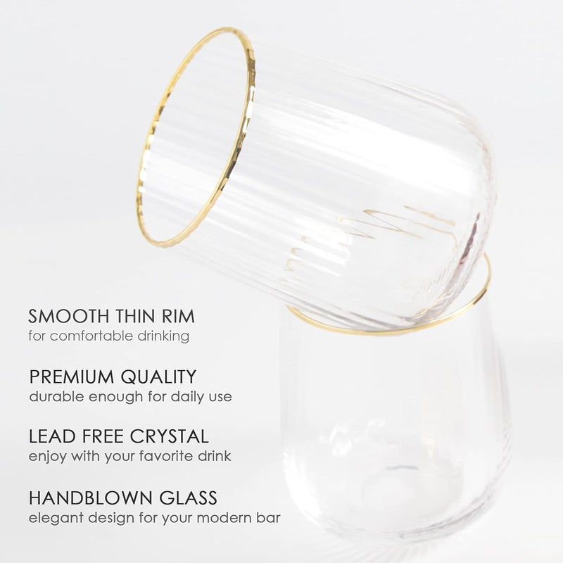 Lysenn Stemless Wine Glasses Set of 4 - Premium Hand Blown Drinking Glasses for White and Red Wine - Elegant Vertical Stripe and Gold Rim Design - Clear 15oz - Image 3