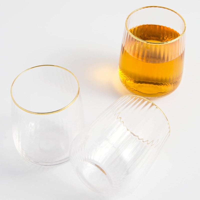 Lysenn Stemless Wine Glasses Set of 4 - Premium Hand Blown Drinking Glasses for White and Red Wine - Elegant Vertical Stripe and Gold Rim Design - Clear 15oz - Image 4