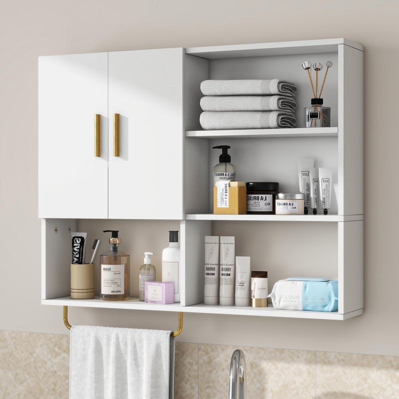 Tltaroni Bathroom Wall Cabinet Wood Large Wall Mounted Medicine Cabinet with 2 Doors and 4 Open Shelves Over Toilet Storage Cabinet Organizer with Towel Bar,White - Image 1