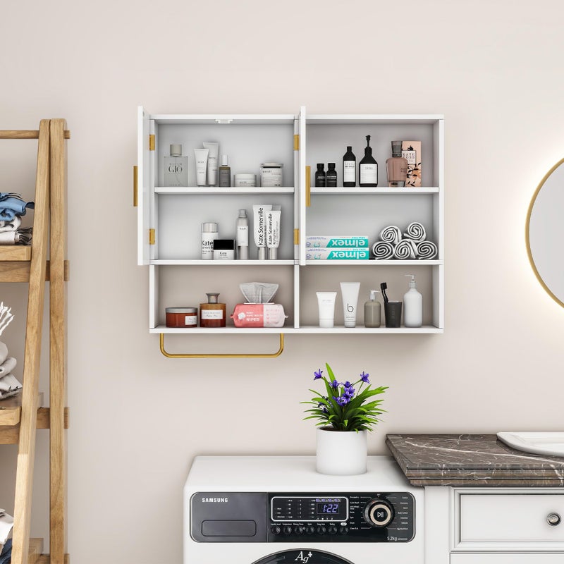 Tltaroni Bathroom Wall Cabinet Wood Large Wall Mounted Medicine Cabinet with 2 Doors and 4 Open Shelves Over Toilet Storage Cabinet Organizer with Towel Bar,White - Image 3