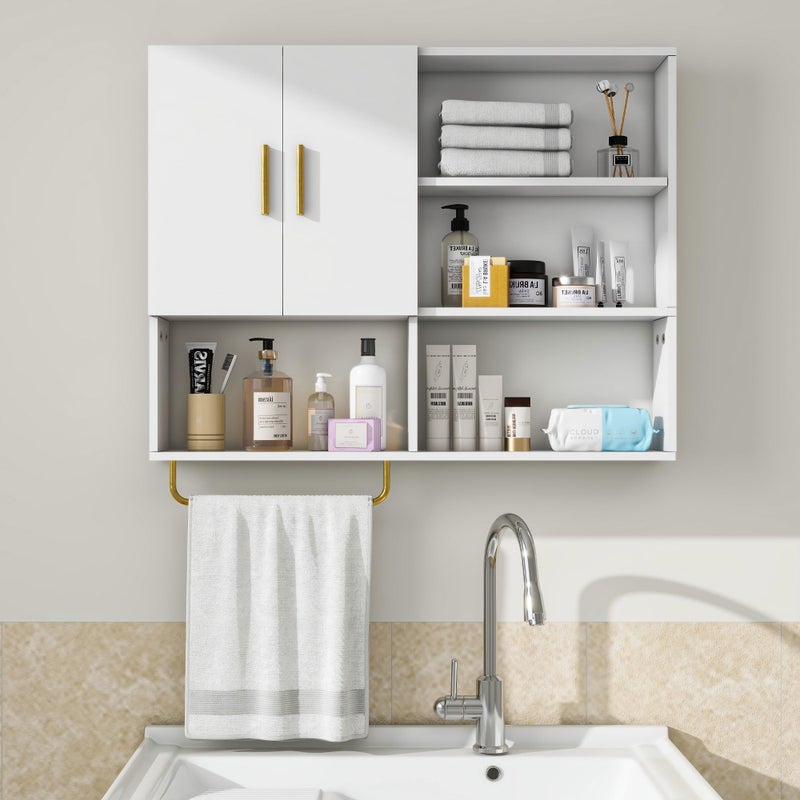 Tltaroni Bathroom Wall Cabinet Wood Large Wall Mounted Medicine Cabinet with 2 Doors and 4 Open Shelves Over Toilet Storage Cabinet Organizer with Towel Bar,White - Image 5