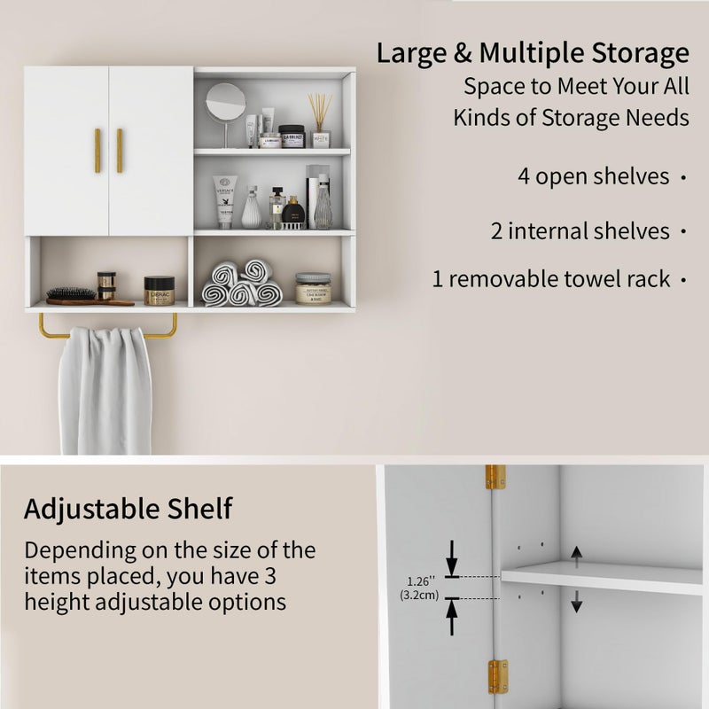 Tltaroni Bathroom Wall Cabinet Wood Large Wall Mounted Medicine Cabinet with 2 Doors and 4 Open Shelves Over Toilet Storage Cabinet Organizer with Towel Bar,White - Image 2