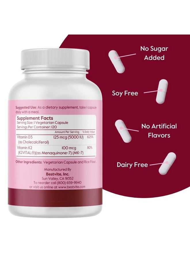 BESTVITE BESTVITE Vegan Vitamin D3 5000 IU + Vitamin K2 100 mcg as MK-7 (120 Vegetarian Capsules) - No Stearates - Vegan - Non GMO - Gluten Free  - Image 2