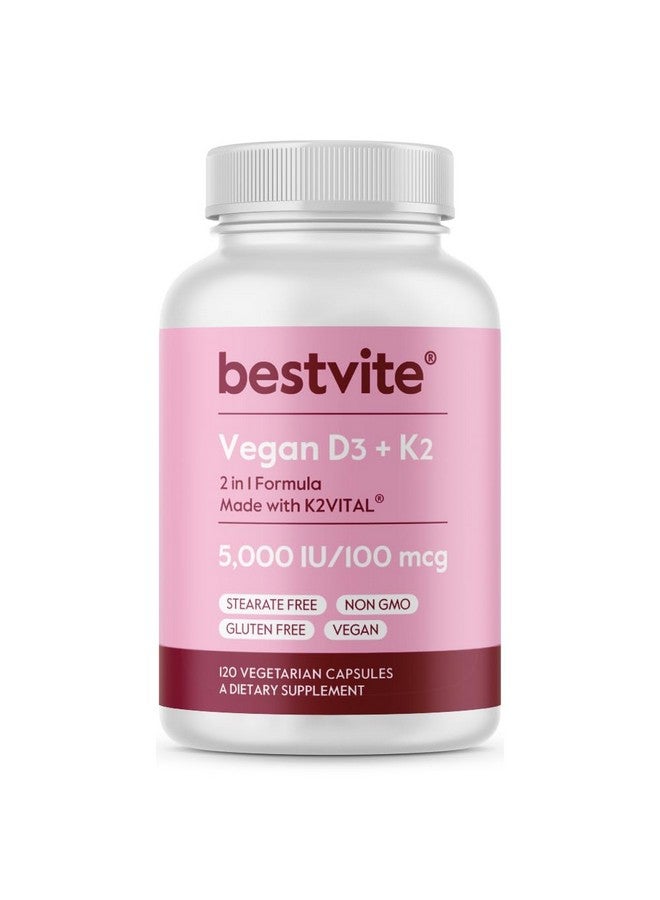 BESTVITE BESTVITE Vegan Vitamin D3 5000 IU + Vitamin K2 100 mcg as MK-7 (120 Vegetarian Capsules) - No Stearates - Vegan - Non GMO - Gluten Free  - Image 1