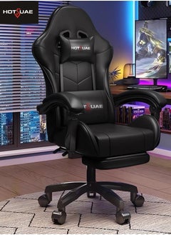 HotsUAE Gaming Chair Computer Chair, High Back Esports Chair, Ergonomic Large Angle Tilt and Height Adjustment Game Chair, with Neck Pillow Waist and Leg Support 122x64x64 cm Black Leather  - Image 1