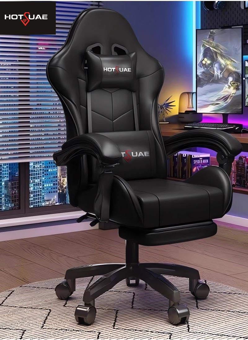 HotsUAE Gaming Chair Computer Chair, High Back Esports Chair, Ergonomic Large Angle Tilt and Height Adjustment Game Chair, with Neck Pillow Waist and Leg Support 122x64x64 cm Black Leather  - Image 1