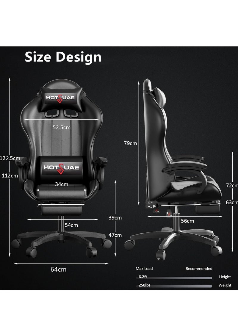 HotsUAE Gaming Chair Computer Chair, High Back Esports Chair, Ergonomic Large Angle Tilt and Height Adjustment Game Chair, with Neck Pillow Waist and Leg Support 122x64x64 cm Black Leather  - Image 5