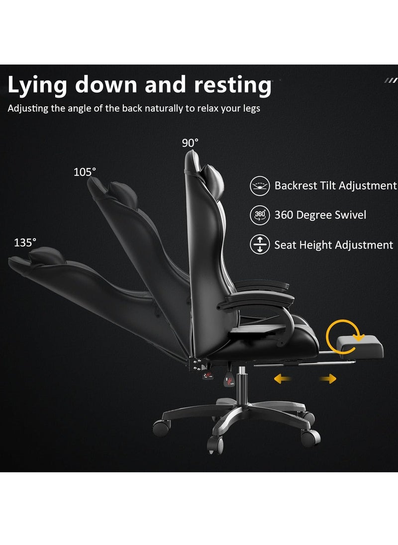 HotsUAE Gaming Chair Computer Chair, High Back Esports Chair, Ergonomic Large Angle Tilt and Height Adjustment Game Chair, with Neck Pillow Waist and Leg Support 122x64x64 cm Black Leather  - Image 3