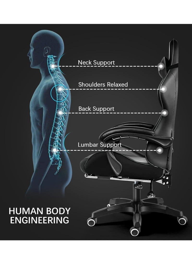 HotsUAE Gaming Chair Computer Chair, High Back Esports Chair, Ergonomic Large Angle Tilt and Height Adjustment Game Chair, with Neck Pillow Waist and Leg Support 122x64x64 cm Black Leather  - Image 4