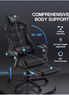 HotsUAE Gaming Chair Computer Chair, High Back Esports Chair, Ergonomic Large Angle Tilt and Height Adjustment Game Chair, with Neck Pillow Waist and Leg Support 122x64x64 cm Black Leather  - Image 2