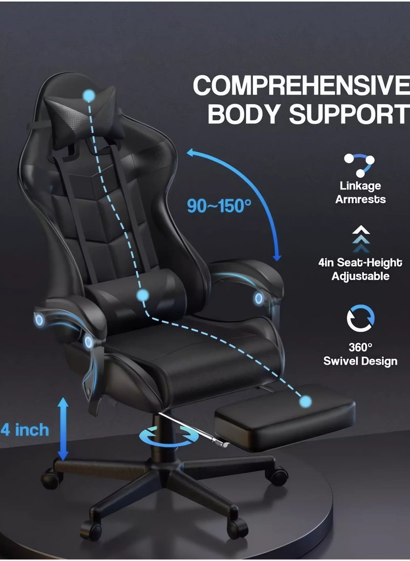 HotsUAE Gaming Chair Computer Chair, High Back Esports Chair, Ergonomic Large Angle Tilt and Height Adjustment Game Chair, with Neck Pillow Waist and Leg Support 122x64x64 cm Black Leather  - Image 2
