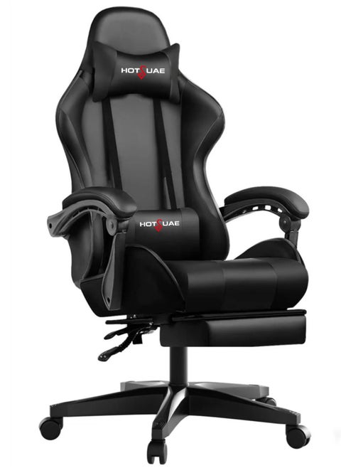 Gaming Chair Computer Chair, High Back Esports Chair, Ergonomic Large Angle Tilt and Height Adjustment Game Chair, with Neck Pillow Waist and Leg Support 122x64x64 cm Black Leather