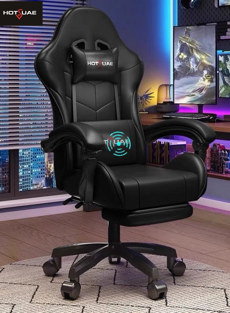 هوتس يو أيه إي كرسي ألعاب مع تدليك كرسي كمبيوتر، كرسي ألعاب بظهر عالي، كرسي ألعاب إلكتروني مريح مع ميلان زاوي كبير وضبط ارتفاع، مع وسادة للرقبة والخصر والساق 122x64x64 سم جلد أسود - Image 1